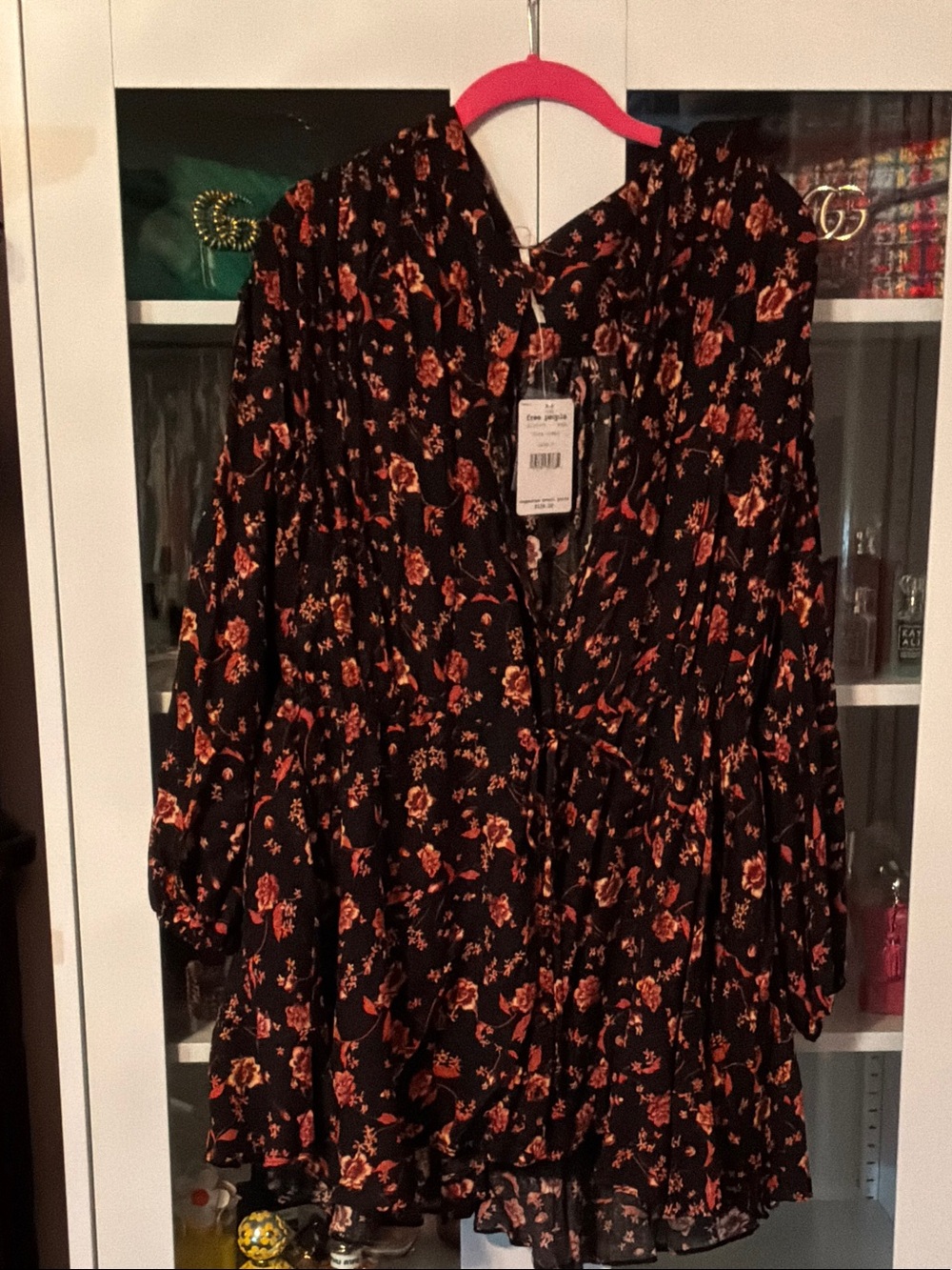 Free People Black Floral V-Neck Tie-Waist Tunic